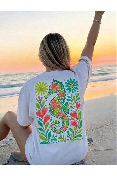 SİBELİZE تي شيرت كبير الحجم مطبوع عليه صورة حصان البحر