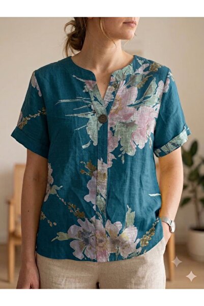 AYASOFYA OTANTIK Women's Italian Petrol Button Detailed Patterned Short Sleev...