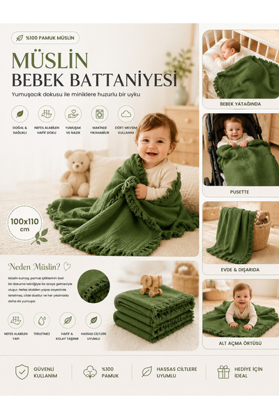 Leina Kids Home %100 Pamuk Müslin Fırfırlı Bebek Battaniyesi 100x110 cm - Zeytin Yeşili