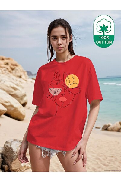JENOLAN Tricou de damă cu imprimeu cu figurine și fluturi oversize