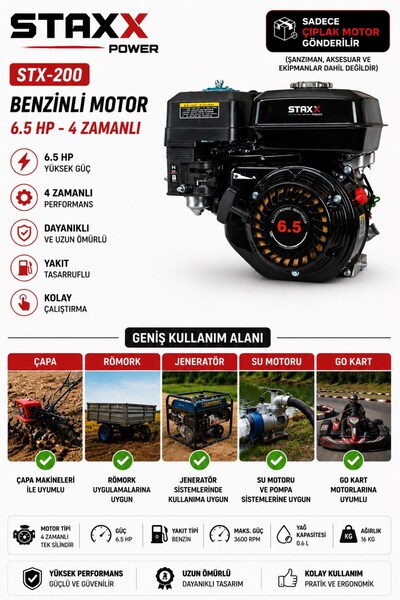 STAXX POWER 6.5HP Benzinli Motor 4 Zamanlı 19mm Kamalı Mil Go Kart - Çapa- Je...