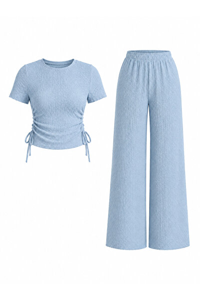 Mava Lady Kadın Bebe Mavisi Yan Büzgülü Crop Bluz ve Geniş Paça Pantolon Alt ...