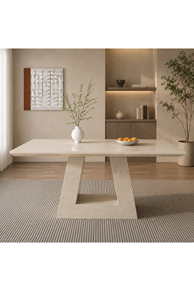 Modestmar Bej Mermer Yemek Masası 100x200