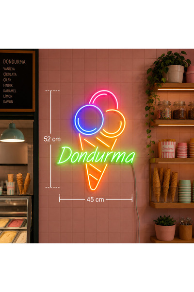 dekoraven Dondurma Görselli Ve Yazılı Led Neon Tabela - Dondurmacı Cafe Tatlı...