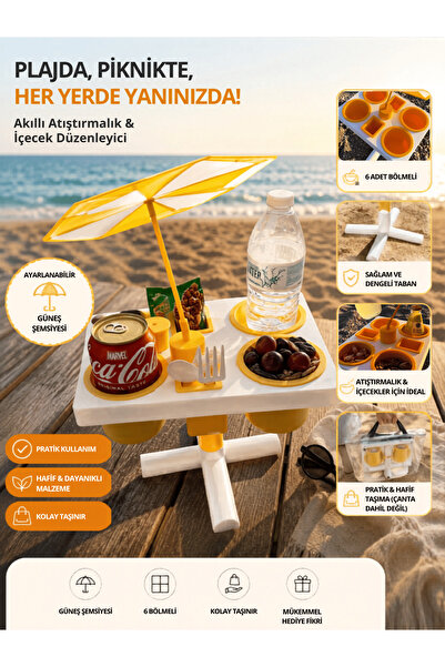 OTOSHOPTR Mini Plaj & Kamp Masası Şemsiyeli ve Taşınabilir Plastik Masa 25x19x25