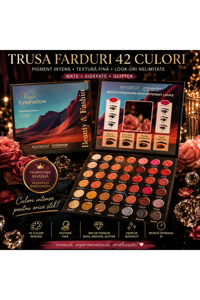 IGOODCO Trusă Machiaj 42 Nuanțe – Farduri Mate, Shimmer și Glitter pentru Loo...