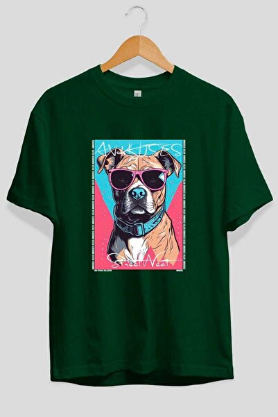 Ankhises For Dog Lovers 46 Front Dog Printed Green Oversize T-Shirt 100% Cott...