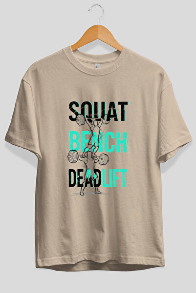 Ankhises Tricou bej cu imprimeu frontal supradimensionat Squat Bench Deadlift...