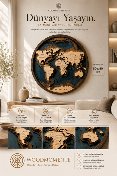 woodmomente Katmanlı Ahşap Dünya Haritası 80x80 cm Premium Duvar Dekoru