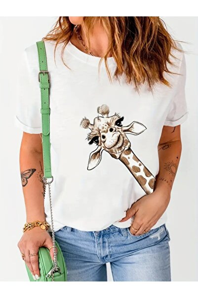 JENOLAN Tricou de damă cu imprimeu Girafe pe lateral, supradimensionat, lejer