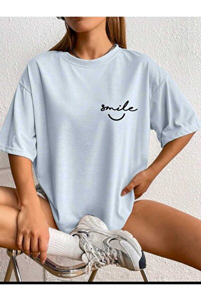 JENOLAN تي شيرت كاجوال كبير الحجم مطبوع عليه ابتسامة للنساء/الفتيات Boyfriend