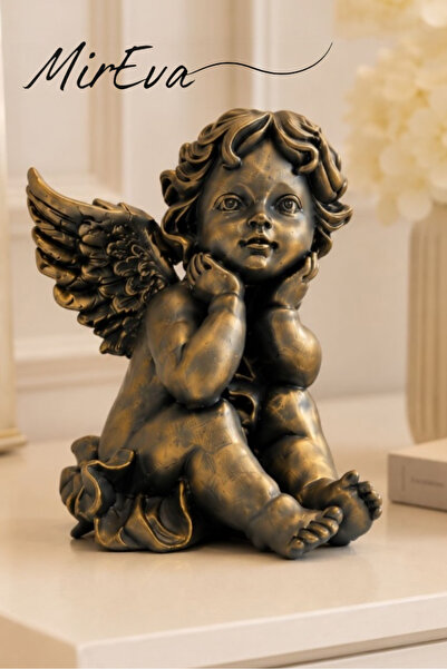 MİREVA Düşünen Melek Heykeli 22 cm, Taş Tozu Dekoratif Biblo, Gold Ev ve Ofis...