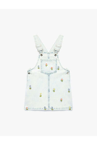 Koton Çiçek Nakış Detaylı Cepli Askılı Denim Jile Elbise