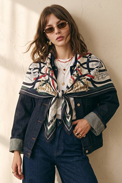 InStyle Μαλακό κασκόλ με σχέδια σε μπλε ναυτικό-εκρού 90x90