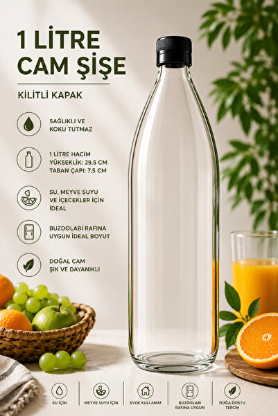 Rotanev 1 Adet Siyah Plastik Kapaklı Cam Şişe 1 Litre Şeffaf Sürahi Süt, Ayra...