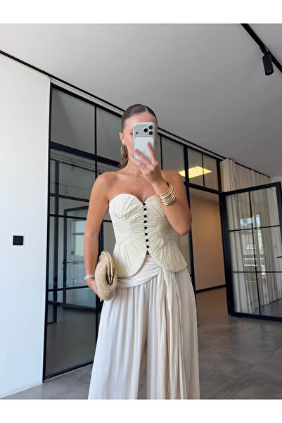 BB Bensu Buyruk PİLELİ DÜĞME DETAYLI BÜSTİYER EKRU