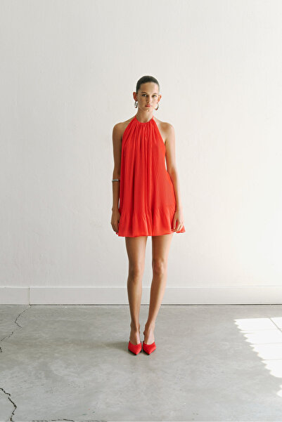 ILA THE BRAND Mei-Backless Pleated Chiffon Mini Dress