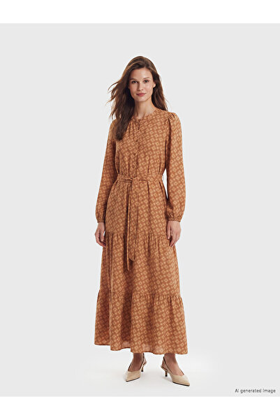 LC Waikiki Lcw Modest Pink High Collar Patterned Belted Layered Dress