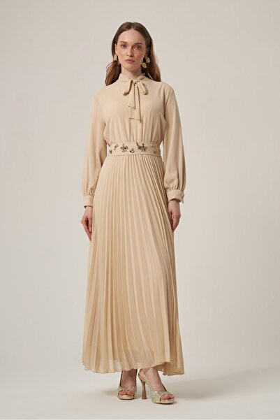 FTZ WOMEN Kadın Şifon Kemer Taşlı Pliseli Elbise Beige 31406