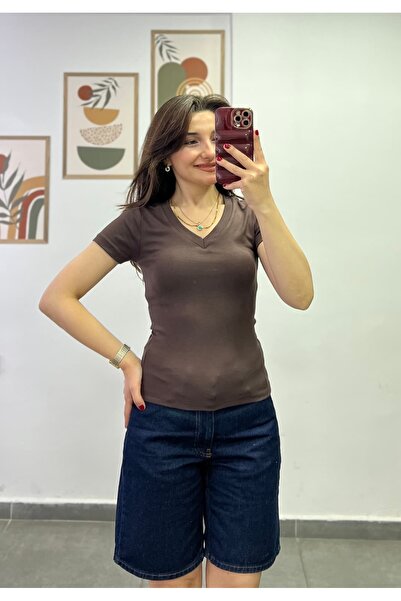 bydenizcollection Short Sleeve V-Neck Cotton Fabric Tshirt