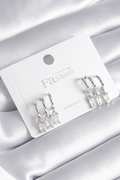 OGHAMAY Brass Silver Color 3-Piece Dangle Zircon Stone Earrings