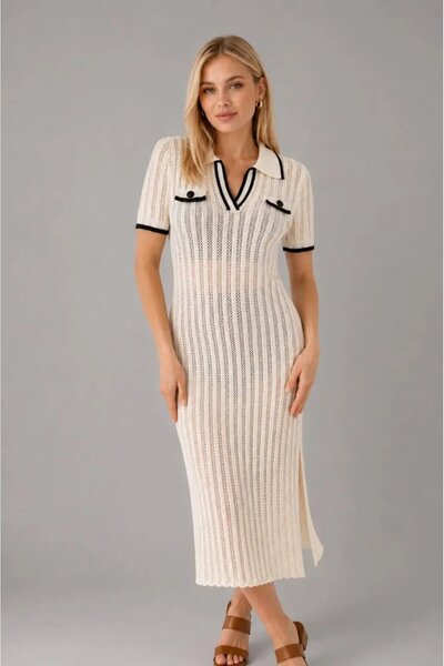 Park Karon Rochie tricotată de vară cu guler polo ajurat pentru femei 8272
