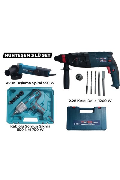 GVN PROTOOLS Kablolu 3 lü Set 2.28 Kırıcı Delici (1200 W ) - Kablolu Somun Sıkma ( 600 NM ) - Spiral Avuç Taşlama ( 550 W )