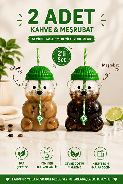 Seram Collection Bearista 2'li 600 ML Plastik Ayıcık Figürlü Pipetli Soğuk İç...