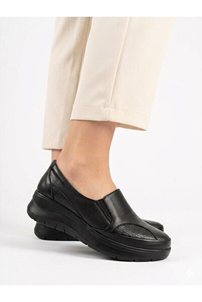 Lütfi Women's Black Genuine Leather Orthopedic Soft Sole Casual Shoes