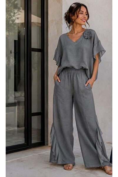 MARE BUTİK Grey Linen Double Set with Flywheel Detail