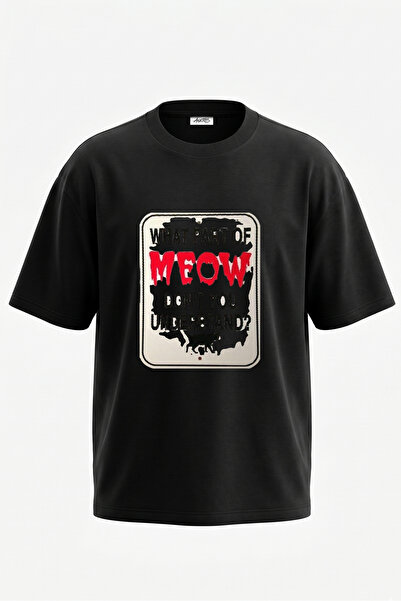 Anetos Meow Kedi_1 Design Back Printed Cotton Black Oversize T-Shirt