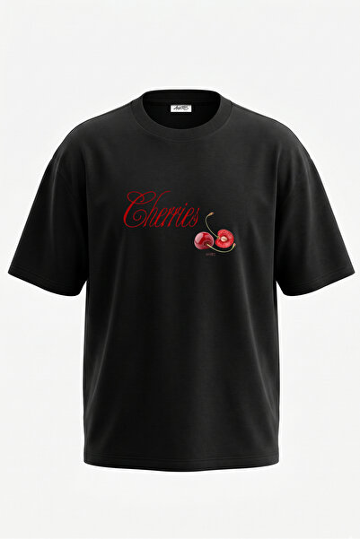 Anetos Tricou oversize negru din bumbac imprimat pe spate Cherries Design