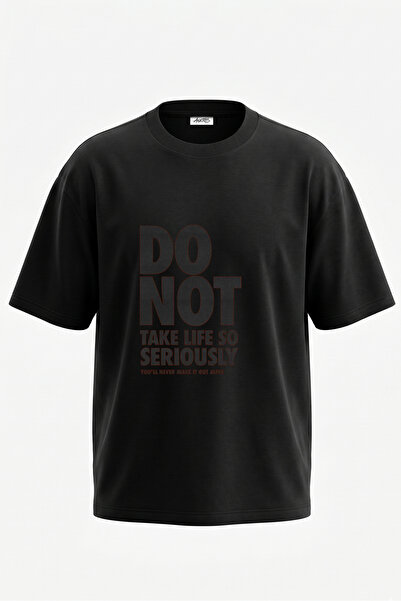 Anetos Tricou oversize negru din bumbac cu imprimeu pe spate Life Not Serious...