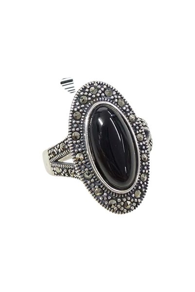 Güler Yüzlü Silver SİYAH TAŞLI 23 MM OVAL MEKİK MARKAZİT GÜMÜŞ YÜZÜK - 17