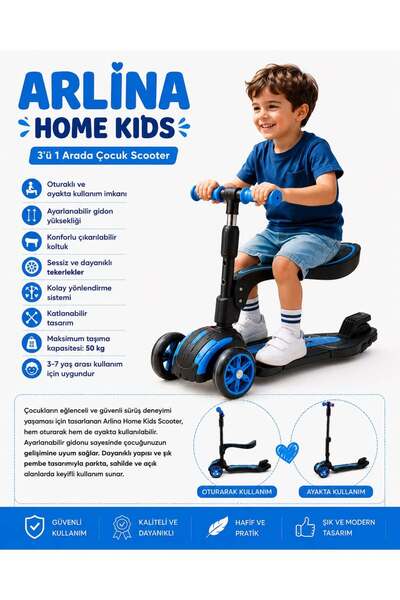 Arlina Home Kids Combo Oturaklı 3 Tekerlekli Katlanabilir Led Işıklı Scooter ...