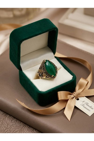 Dorvina Bronze Ring Authentic Copper Jewelry Green Crystal Stone with Drop Flower Design Adjustable Vintage Women's Ring
