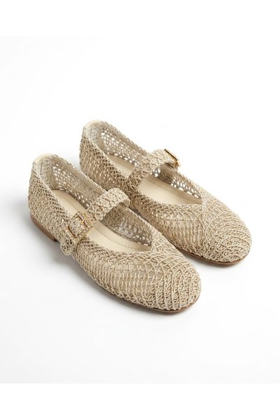 ZARICH Elara Cream Mesh Knitted Textured Hidden Elastic Gold Buckle Detailed Mary Jane Flat Sole Summer Comfortable Women's Ballerinas