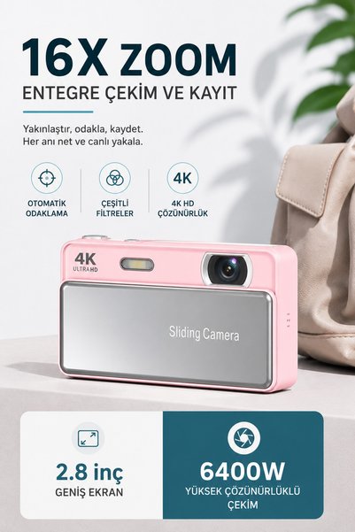 RoseandRoses 4K UHD Sliding Kamera – Kaydırmalı Lens Kapaklı Video Foto Kamera (Pembe)