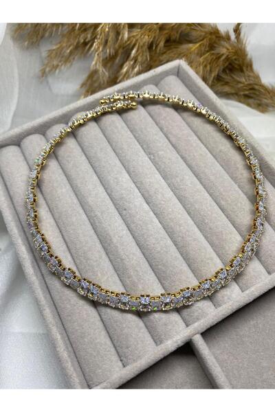 ZEYKU ACCESSORİES Gold Lüks Baget Zirkon Taşlı Sıra Choker Kolye
