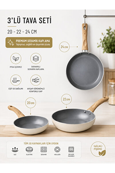 Pan City 3-Piece Ceramic Pan Set, 20-22-24 Cm, Pfoa-Free Durable Ceramic Coat...