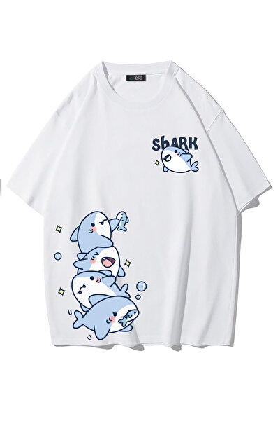 BRZ COLLECTION Tricou unisex oversize cu rechin (ALB)