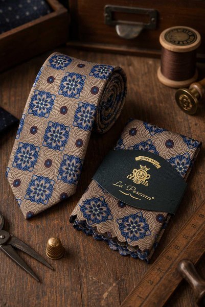 Kravatkolik Gold Motif Pattern Classic Tie with Handkerchief Kk13736