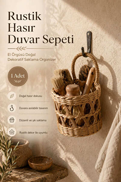 Anadolu Saray Rustik Bohem Hasır Duvar Sepeti El Örgüsü Dekoratif Saklama Org...