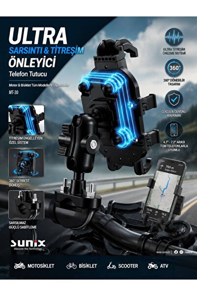 Sunix Mt-30 Ultra Sarsıntı ve Titreşim Önleyicili Motosiklet Telefon Tutucu 3...