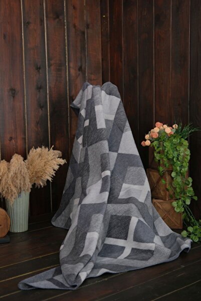 SESLİ TEKSTİL Geometric Patterned Cotton Blanket Single - Gray
