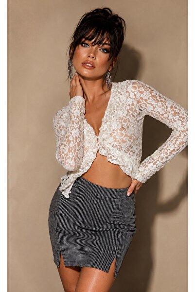Be Best Fusta mini de damă, albastru marin, cu model picior de găină și talie...