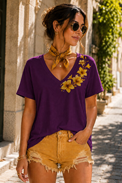 ArtYus Shoulder Floral Printed V-Neck Casual Unisex Oversize T-Shirt - Cotton...