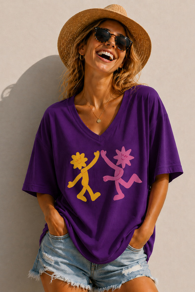 ArtYus Flower Characters Checkered Printed Unisex V-Neck Oversize T-Shirt – F...