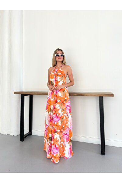 LE CARAMBOLE Women's Orange Floral Patterned Halter Neck Summer Dress