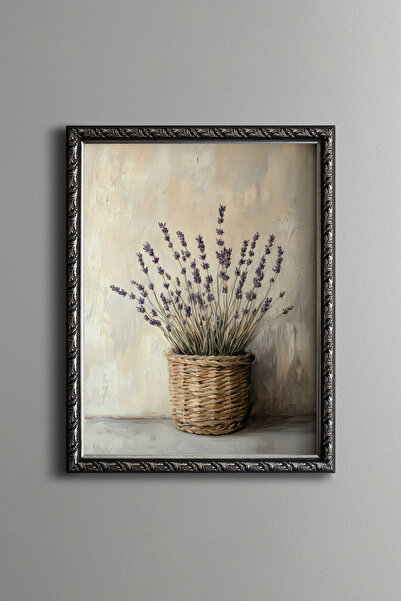 epiqart Lavender Flowers in Wicker Basket - Vintage Patterned Frame - Slim Model